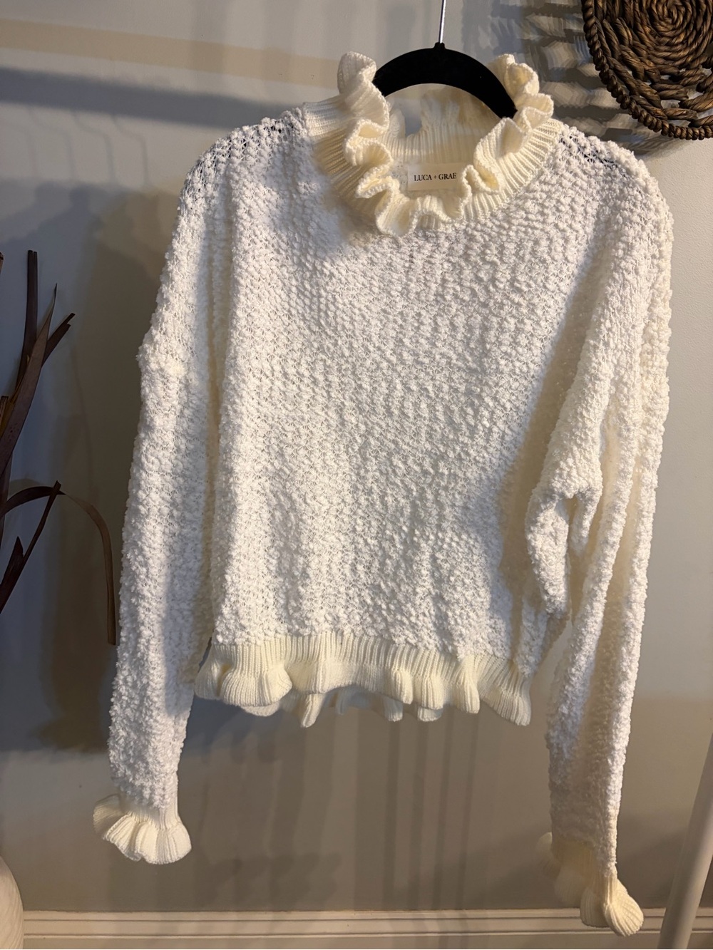 NWT ✨ LUCA + GRAE Cream Ruffle-Trim Bouclé Turtleneck Sweater size large